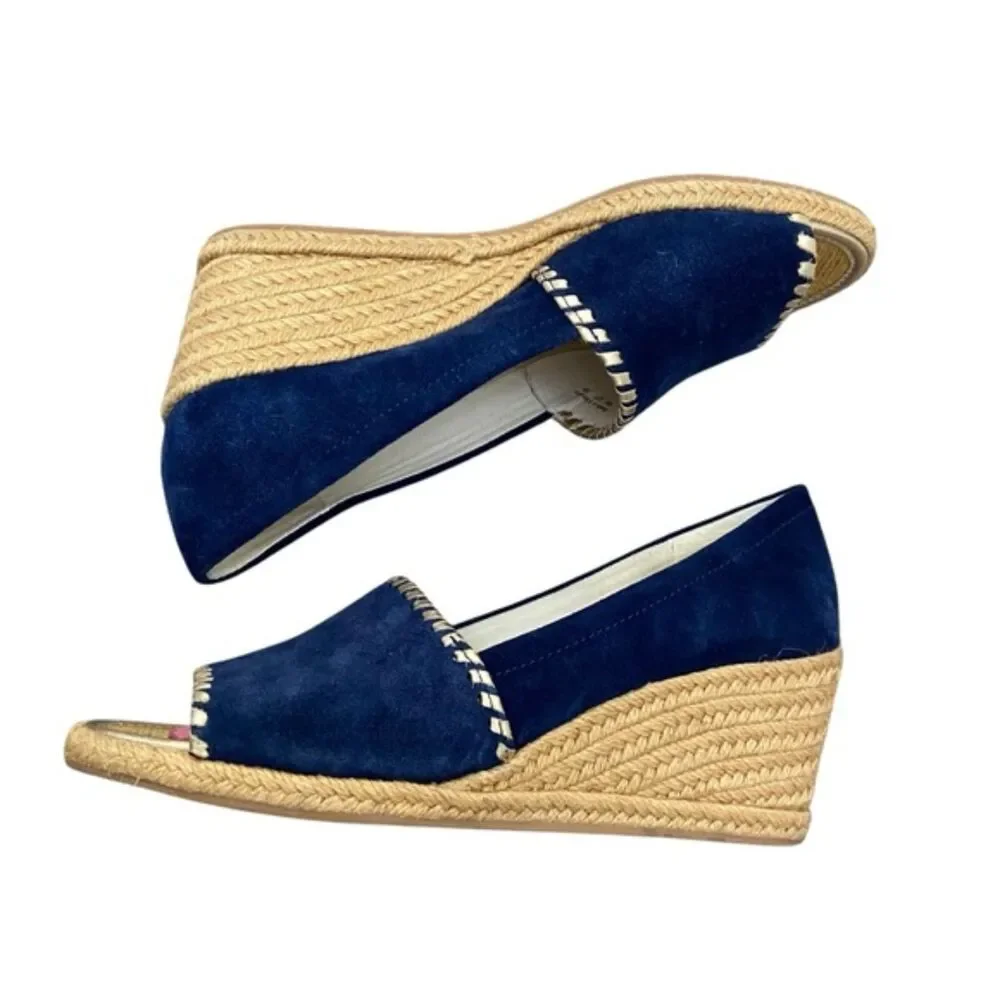 Jack Rogers Palmer Espadrille Peep Toe Wedge Navy Blue Faux Suede Size 9M